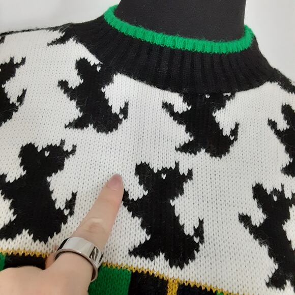 Vintage 80s Scottie Dog Christmas Sweater Tartan Plaid Black Retro Grandmacore - Picture 4 of 11